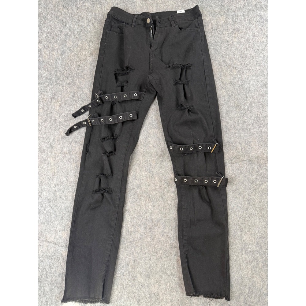 Unbranded Distressed Buckle Strap Jeans Women Size M Black Denim Grunge Punk Y2K